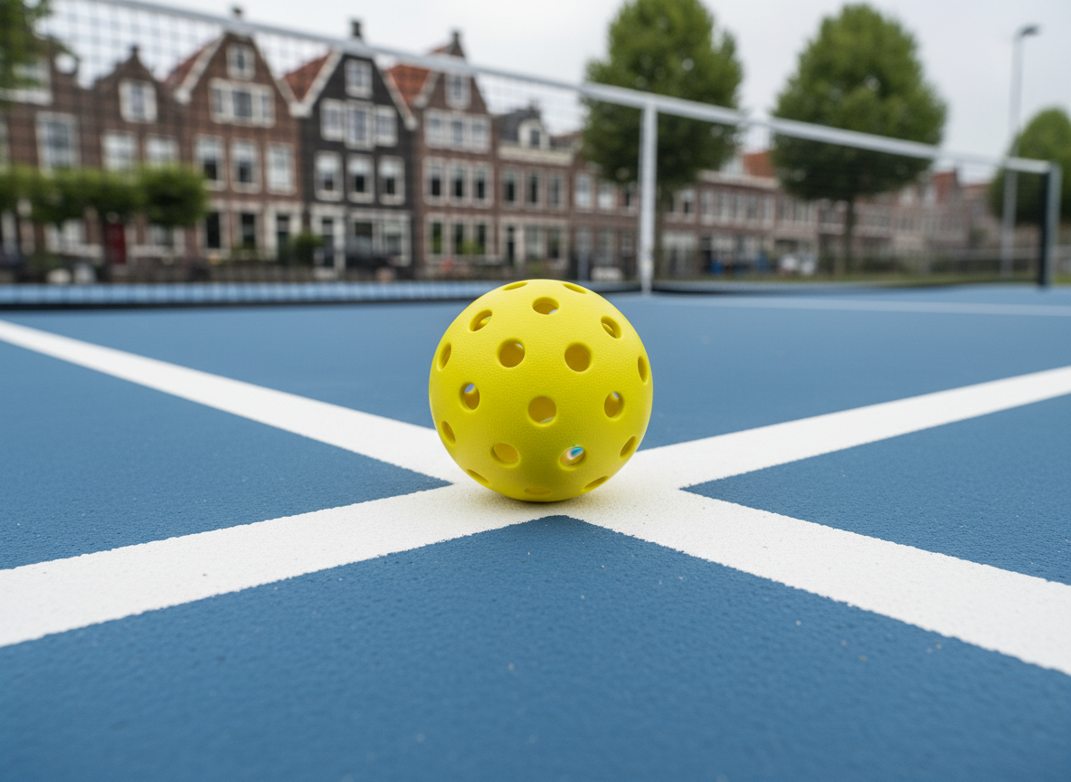 A close-up, photographic image of a bright yellow pickleball resting on a clean blue outdoor court in the Netherlands, the ball’s perforations sharply defined and its plastic surface slightly matte. White boundary lines cut crisply across the surface, with a low metal fence and distant, softly blurred Dutch row houses and a few green trees in the background. The scene is lit by diffused overcast daylight, creating gentle shadows and an even, instructional feel. Shot at a slightly elevated angle with shallow depth of field, the composition feels calm, professional and inviting, perfect for illustrating the basics of pickleball for beginners.